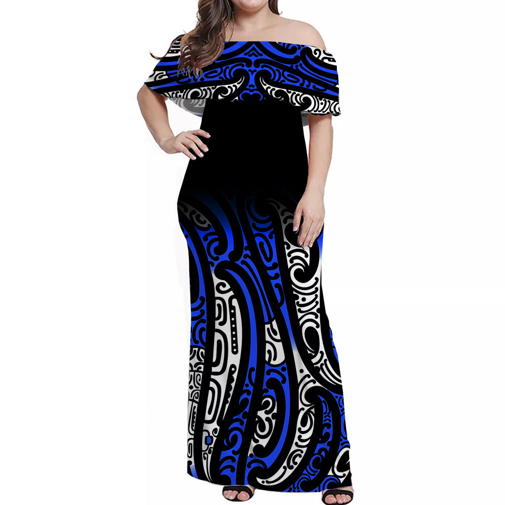 New Zealand Off Shoulder Long Dress Maori NZ Unique Blue