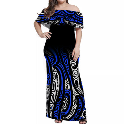 New Zealand Off Shoulder Long Dress Maori NZ Unique Blue
