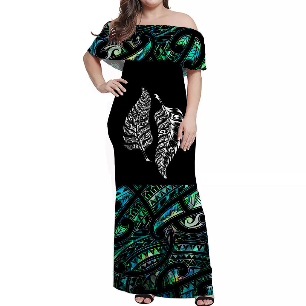New Zealand Maori Off Shoulder Long Dress Aotearoa Mix Silver Fern Paua Shell Ver.02
