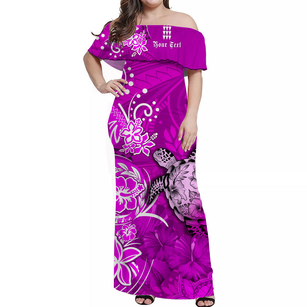Custom Personalised Hawaii Off Shoulder Long Dress Polynesia Pink Sea Turtle Honu and Hibiscus