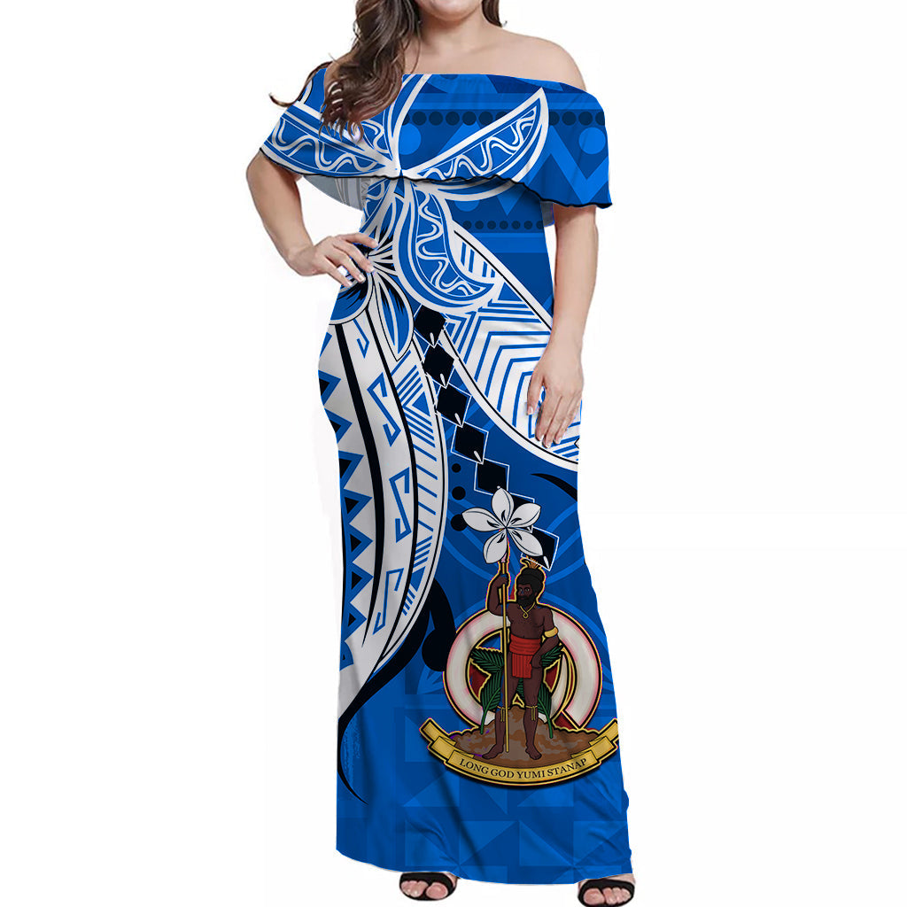 Vanuatu Color Off Shoulder Long Dress Coat of Arms Polynesian Blue
