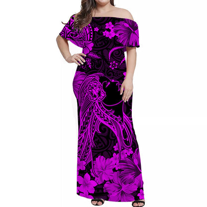 Hawaii Off Shoulder Long Dress Polynesia Purple Beautiful Hula Girl