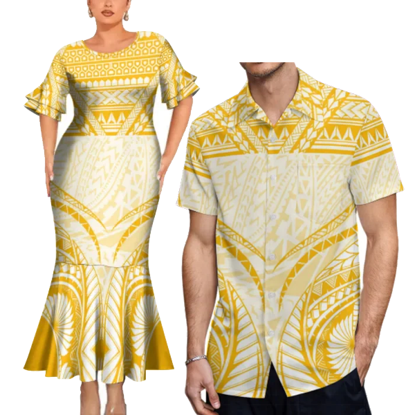 Tropical Pattern Polynesian Tribal Yellow Outfit For Couple Fishtail Skirt Dress And Hawaiian Shirt