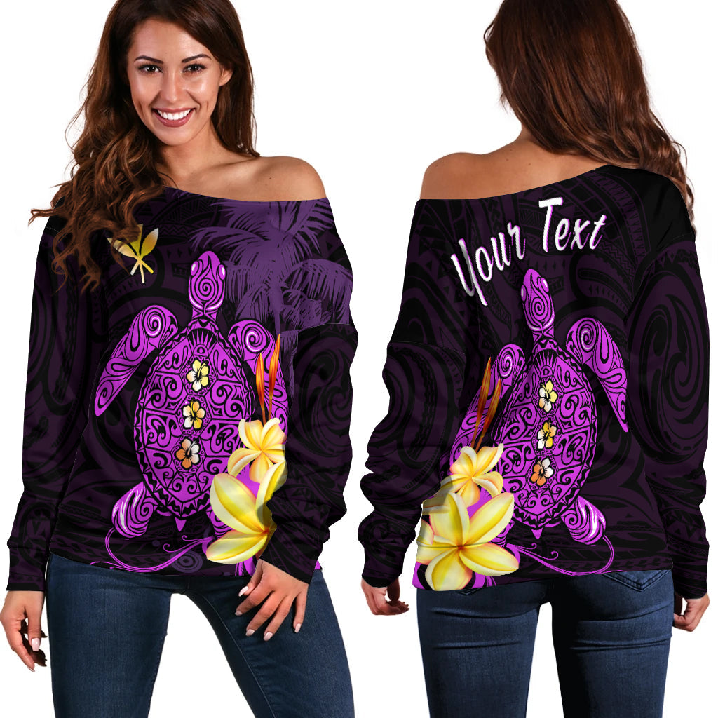 (Custom Personalised) Hawaii Turtle Off Shoulder Sweater Hawaiian Flowers Version Purple Elegant