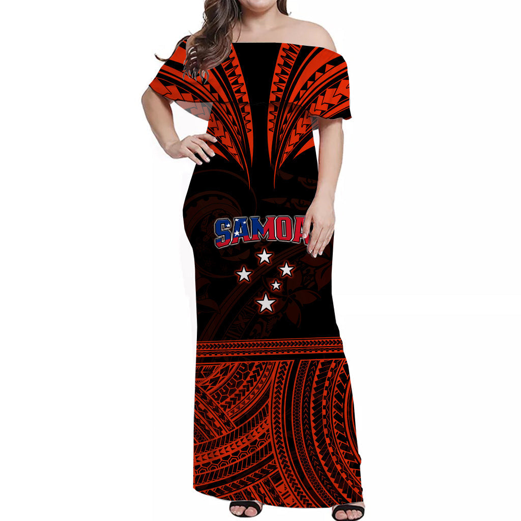 Custom Personalised Samoa Tatau Off Shoulder Long Dress Red Polynesian Proud Samoan