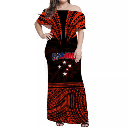 Custom Personalised Samoa Tatau Off Shoulder Long Dress Red Polynesian Proud Samoan