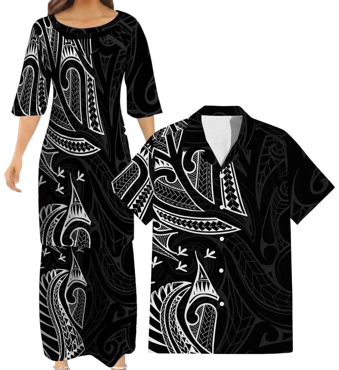 New Zealand Matching Outfit For Couple NZ Pattern Black Dress And Hawaiian Shirt