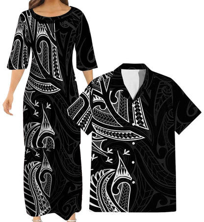 New Zealand Matching Outfit For Couple NZ Pattern Black Dress And Hawaiian Shirt