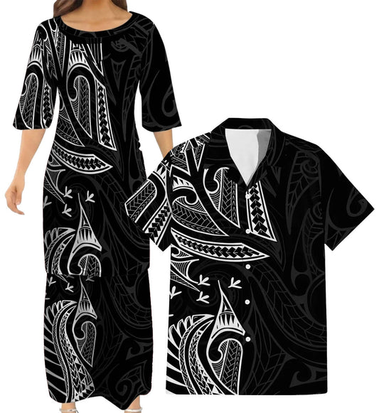 New Zealand Matching Outfit For Couple NZ Pattern Black Dress And Hawaiian Shirt