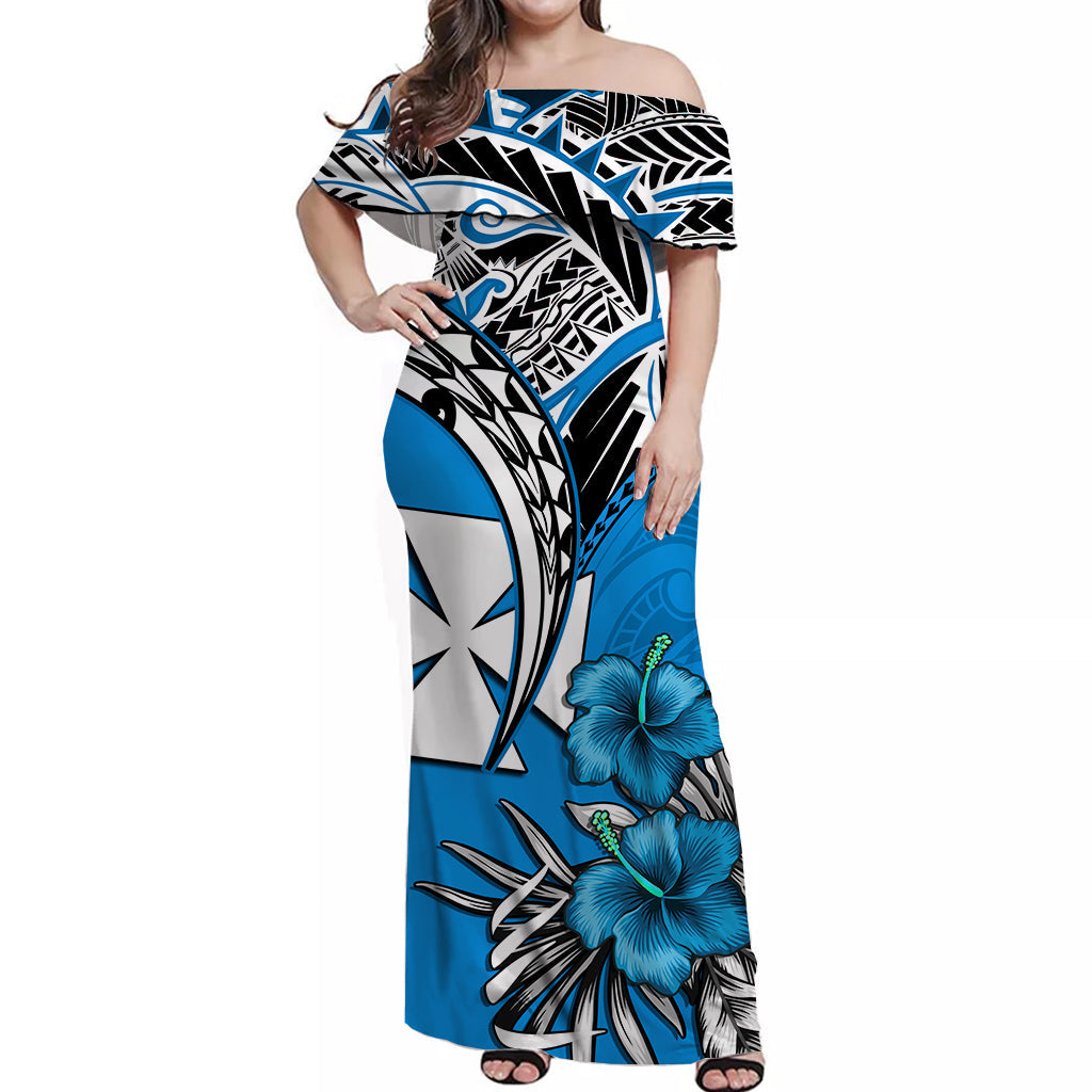 Wallis et Futuna Off Shoulder Long Dress Polynesian Pattern and Hibiscus Flowers Version Blue