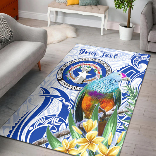 (Custom Personalised) Northern Mariana Islands Area Rug Mariana Fruit Dove Mix Frangipani Flowers White