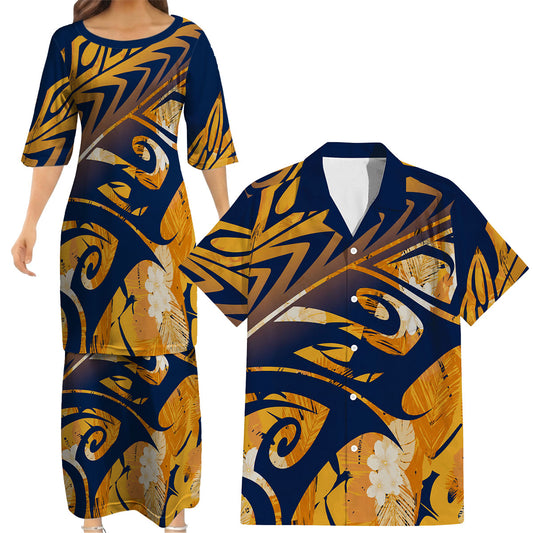 Vintage Polynesian Tribal Pattern Blue Couple Outfit Matching Island Dress And Hawaiian Shirt For Her Him