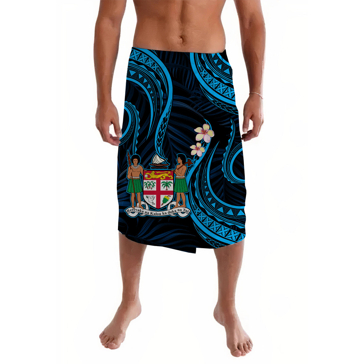 Fiji Coat of Arms Lavalava Polynesian Mix Blue Coconut Pattern