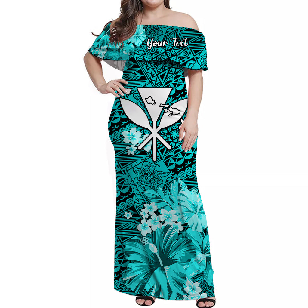 Custom Personalised Hawaii Off Shoulder Long Dress Map and Turtle Turquoise Flowers