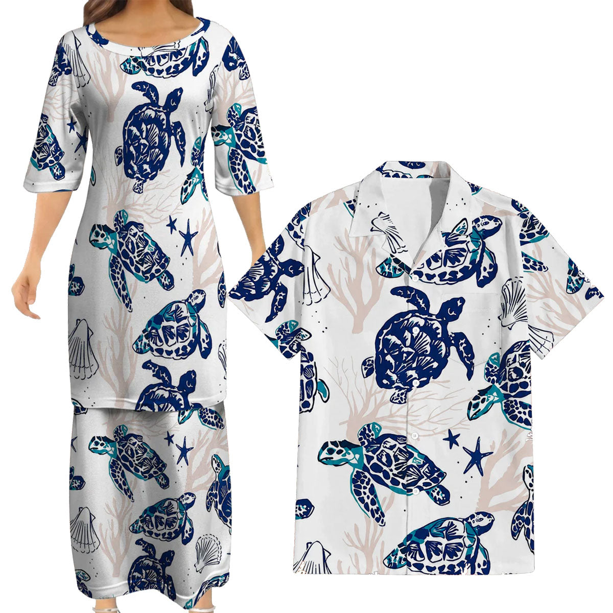 Polynesian Sea Turtle Tropical Island Puletasi Dress And Hawaiian Shirt For Her Him