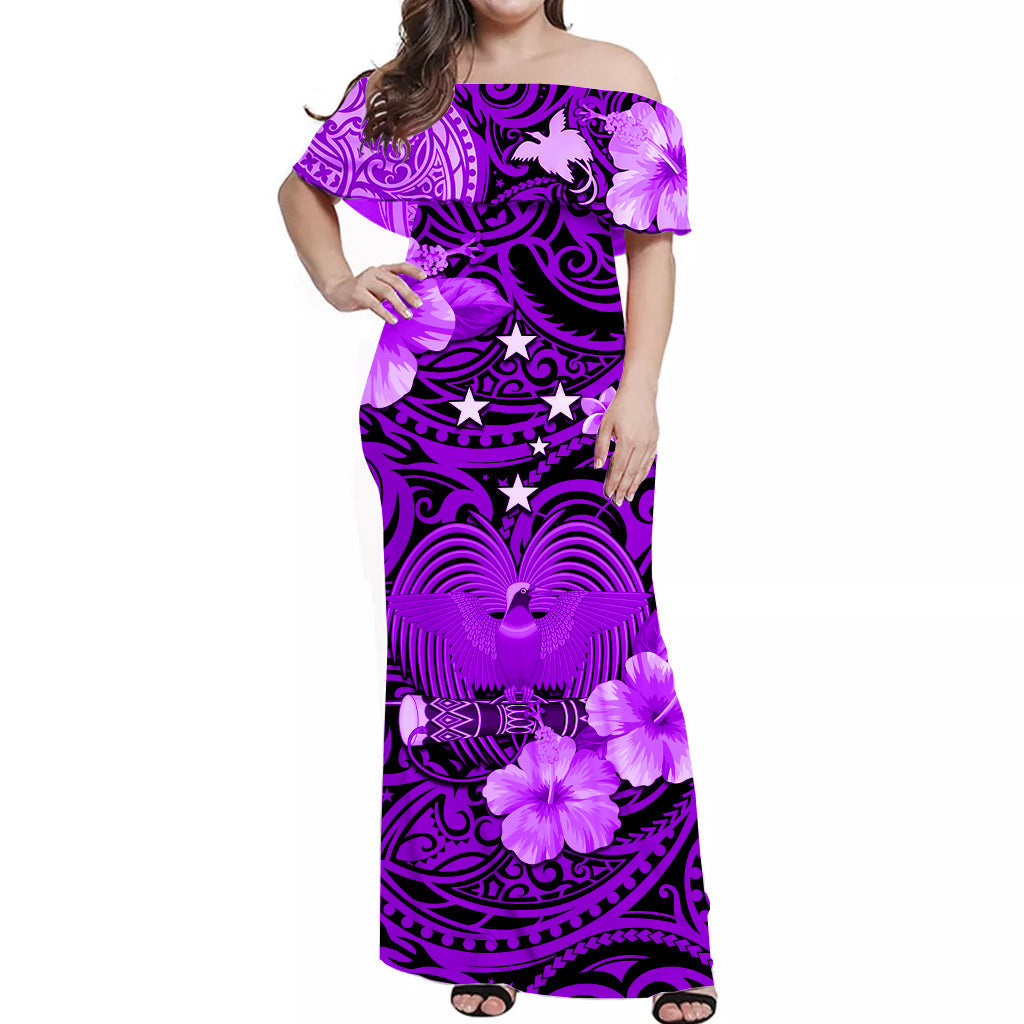 Papua New Guinea Off Shoulder Long Dress Polynesia Raggiana Bird of Paradise Purple