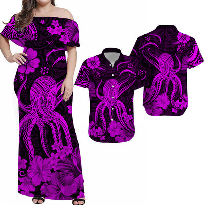 Hawaiian Matching Outfits For Couples Hawaii Combo Dress and Hawaiian Shirt Polynesia Purple Octopus