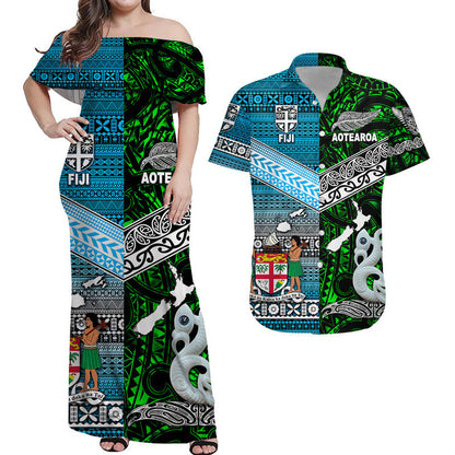 Matching Outfits For Couples New Zealand And Fiji Combo Dress And Shirt Together Green