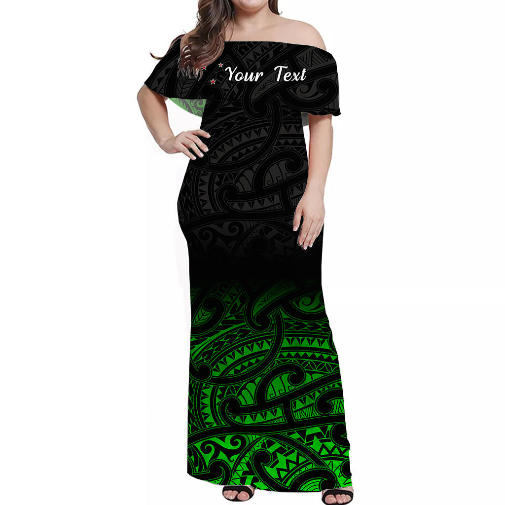 Custom Personalised New Zealand Off Shoulder Long Dress Maori Pattern Green
