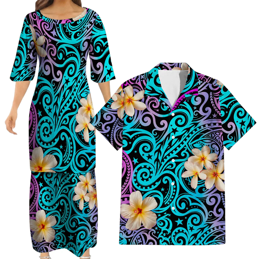 Plumeria Flowers Pattern Yellow Matching Outfit For Couple Island Polynesian Tribal Puletasi Dress And Shirt