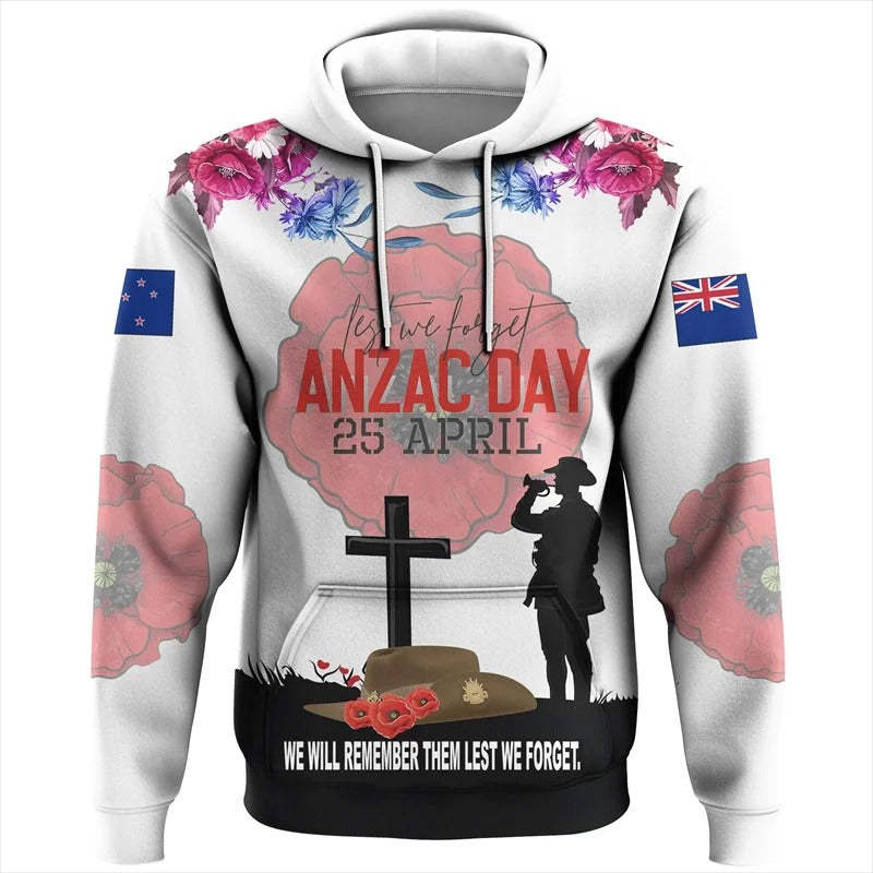 New Zealand Hoodie NZ Soldier Silver Fern We Will Always Remember Lest We Forget Zip Hoodie