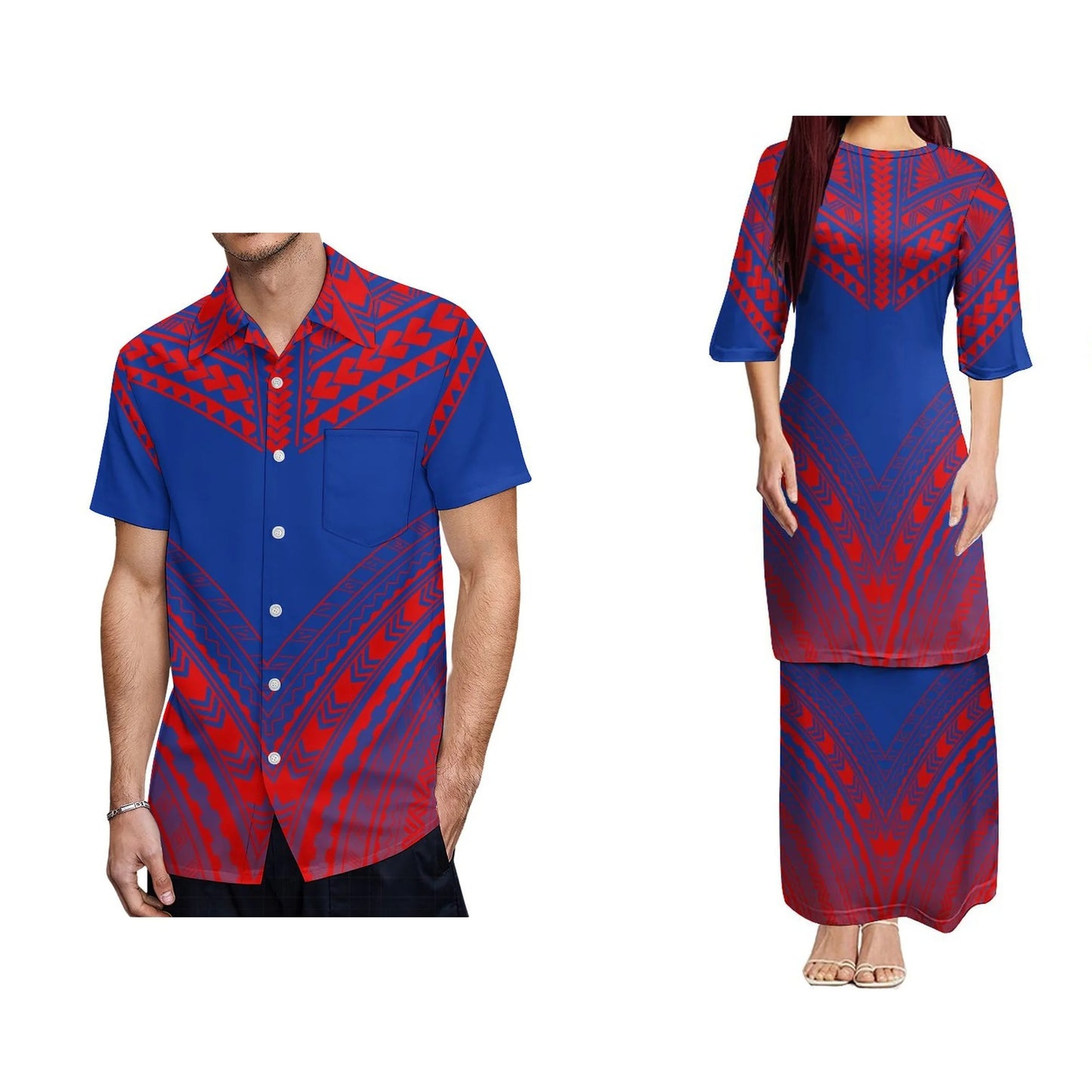 Polynesian Tribal Pattern Puletasi Dress And Hawaiian Shirt For Him Her Tropical Matching Outfit For Couple