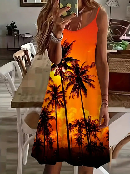 Coconut Tree Print Cami Dress, Vacation Sleeveless Comfy Tropical Dress, Women's Clothing