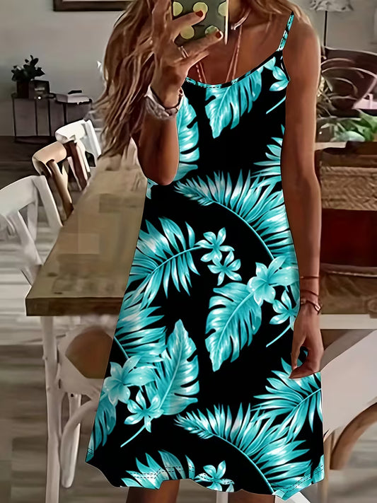 Tropical Plant Print Cami Dress, Vacation Sleeveless Comfy Tropical Dress, Hawaii Women's Clothing