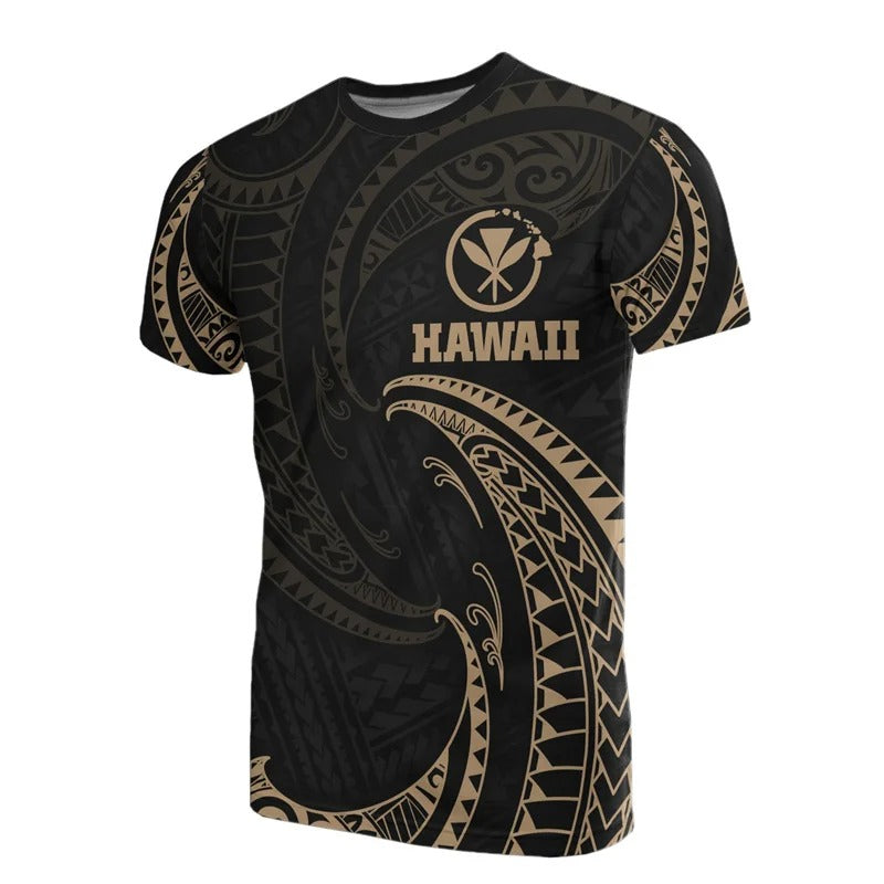 Hawaii Shirt Polynesian Tribal Pattern Printed Shirt Round Neck Short Sleeves Tops