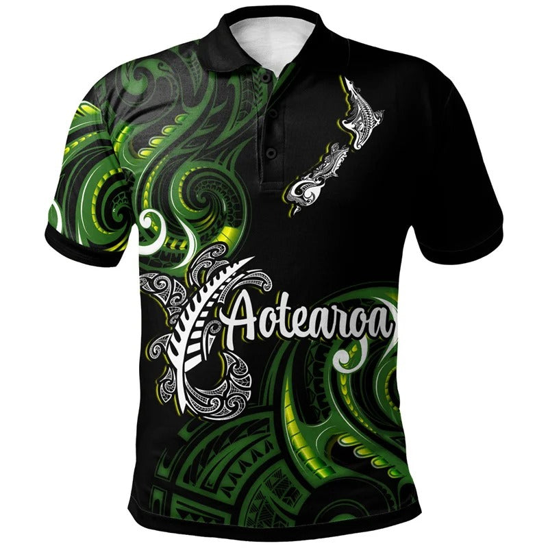 New Zealand Polo Shirt Aotearoa Polynesian Silver Fern Pattern Symbols Tattoo Print T Shirt NZ Waitangi Day Tee