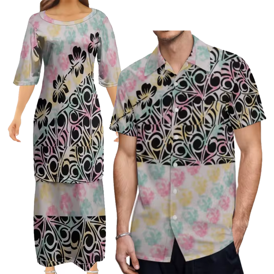 Polynesian Tribe Flowers Pattern Print Samoa Puletasi And Hawaiian Shirt Matching Outfit For Couple