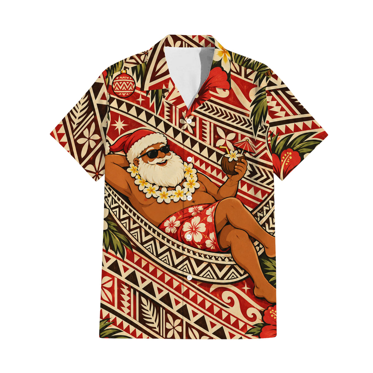 Vintage Funny Santa Couple Set Polynesian Tribal Christmas Matching Outfit Short Sleeve Mermaid Long Dress And Shirt