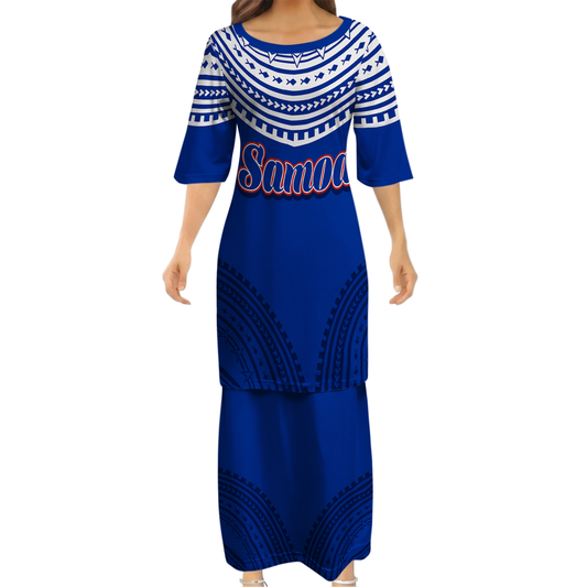 Samoa Couple Outfit Matching Polynesian Tribal Pattern Blue Dress And Hawaiian Shirt