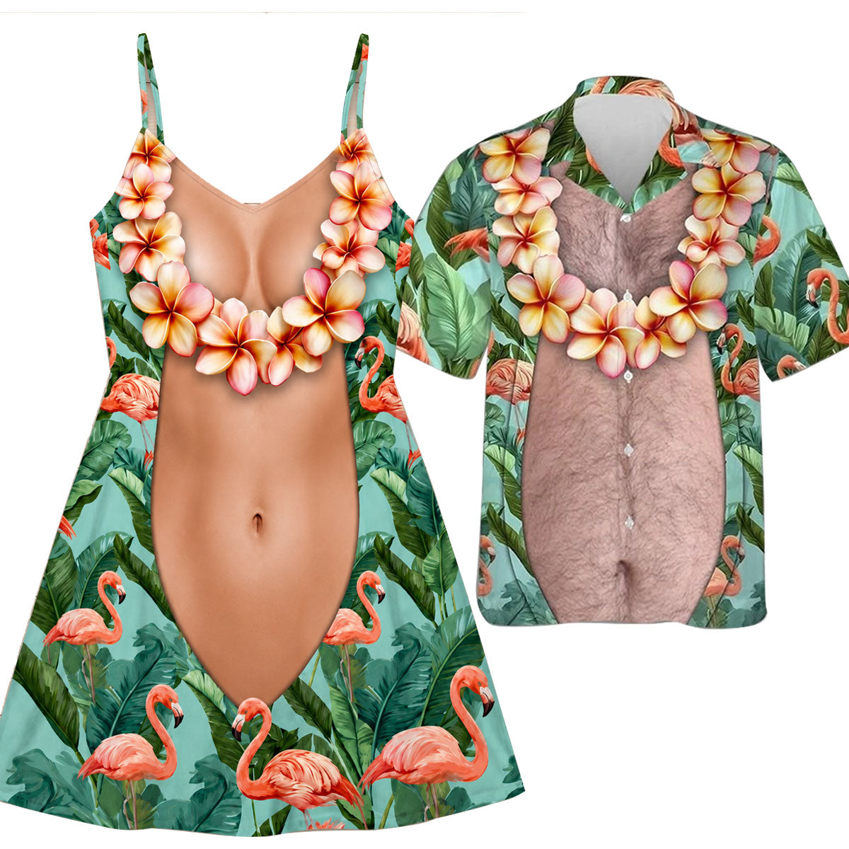 Funny Couple Matching Outfit Polynesian Flamingo Pattern Women Strap Short Swing Dress And Big Belly Shirt
