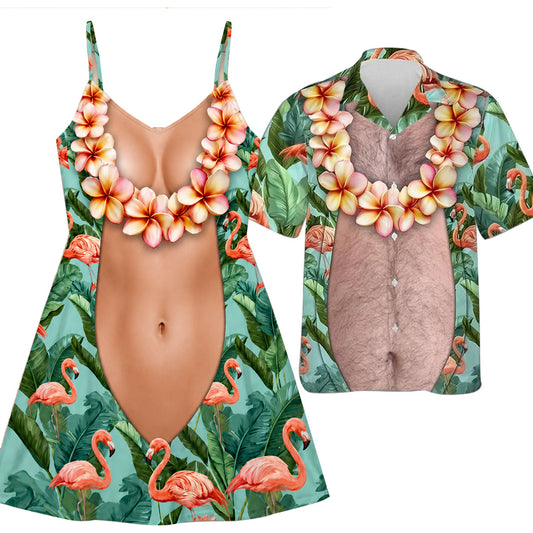 Funny Couple Matching Outfit Polynesian Flamingo Pattern Women Strap Short Swing Dress And Big Belly Shirt