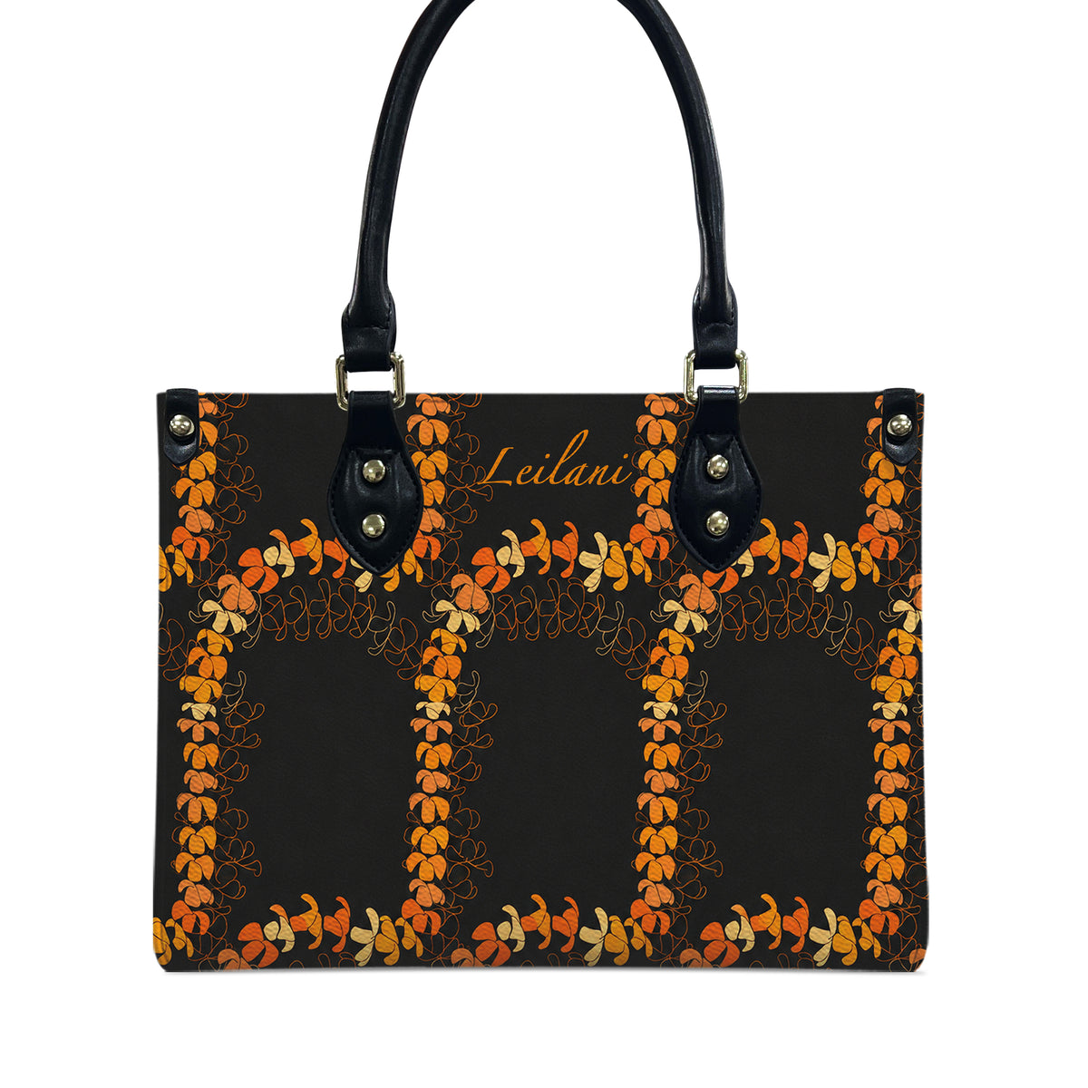 Custom Name Puakenikeni Hawaiian Flower Lei Black Leather Handbag