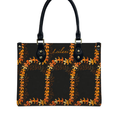 Custom Name Puakenikeni Hawaiian Flower Lei Black Leather Handbag
