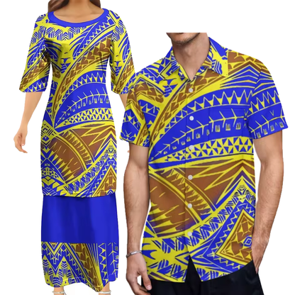 Polynesian Tribe Pattern Print Samoa Puletasi And Hawaiian Shirt Couple Set