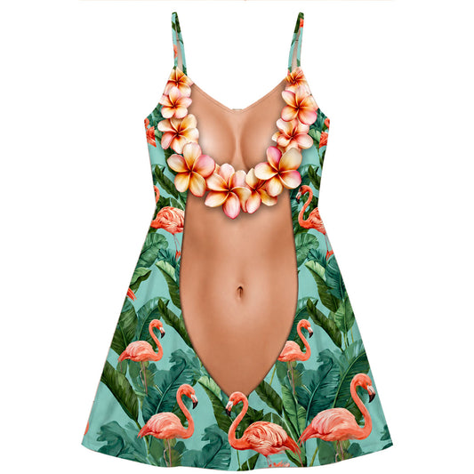 Funny Couple Matching Outfit Polynesian Flamingo Pattern Women Strap Short Swing Dress And Big Belly Shirt