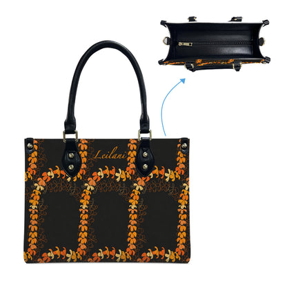 Custom Name Puakenikeni Hawaiian Flower Lei Black Leather Handbag