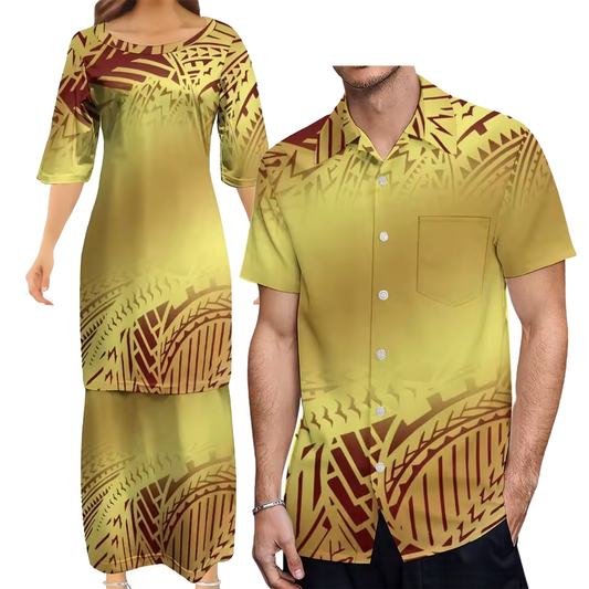 Yellow Polynesian Tribe Pattern Print Women'S Clothing Samoa Puletasi And Hawaiian Shirt Couple Set