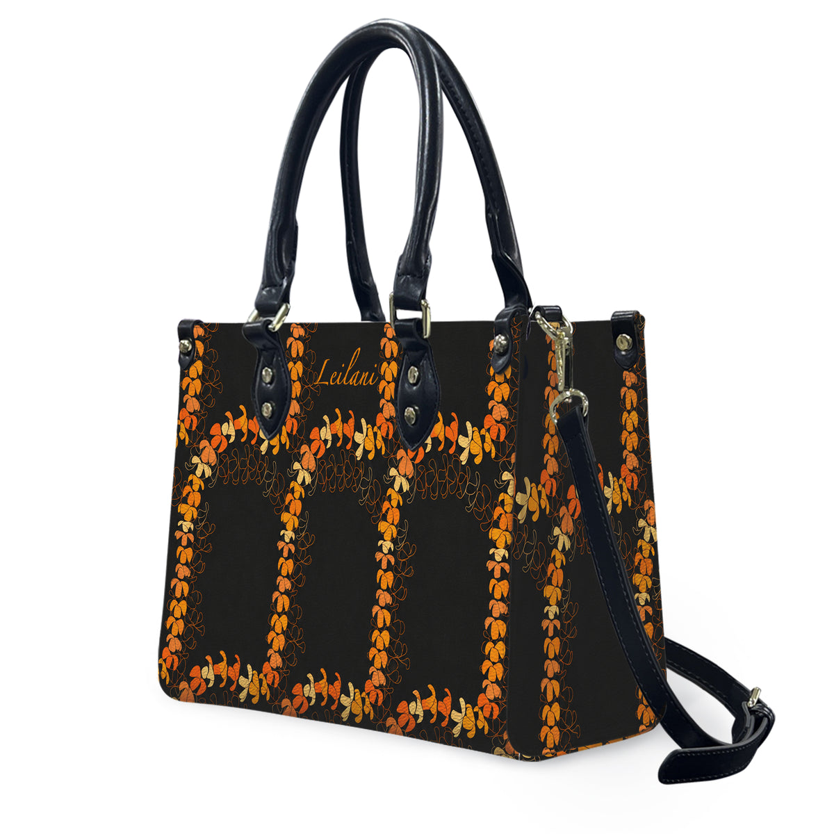 Custom Name Puakenikeni Hawaiian Flower Lei Black Leather Handbag
