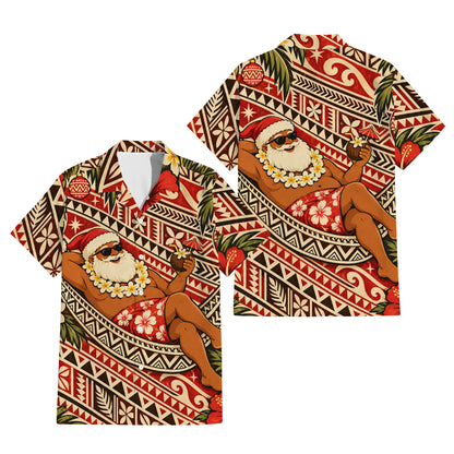Vintage Funny Santa Couple Set Polynesian Tribal Christmas Matching Outfit Short Sleeve Mermaid Long Dress And Shirt