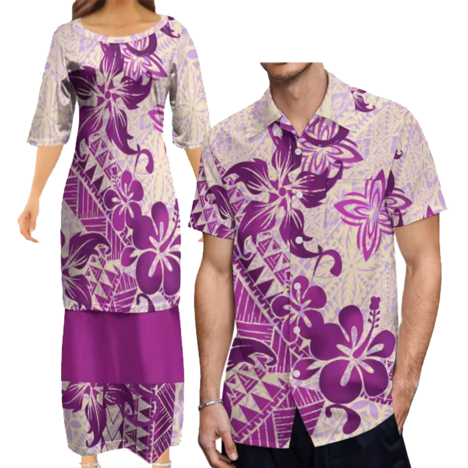 Flowers Polynesian Tribe Pattern Print Women'S Clothing Samoa Puletasi And Hawaiian Shirt Couple Set