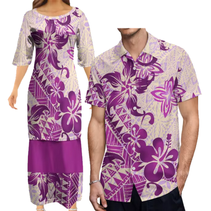 Flowers Polynesian Tribe Pattern Print Women'S Clothing Samoa Puletasi And Hawaiian Shirt Couple Set