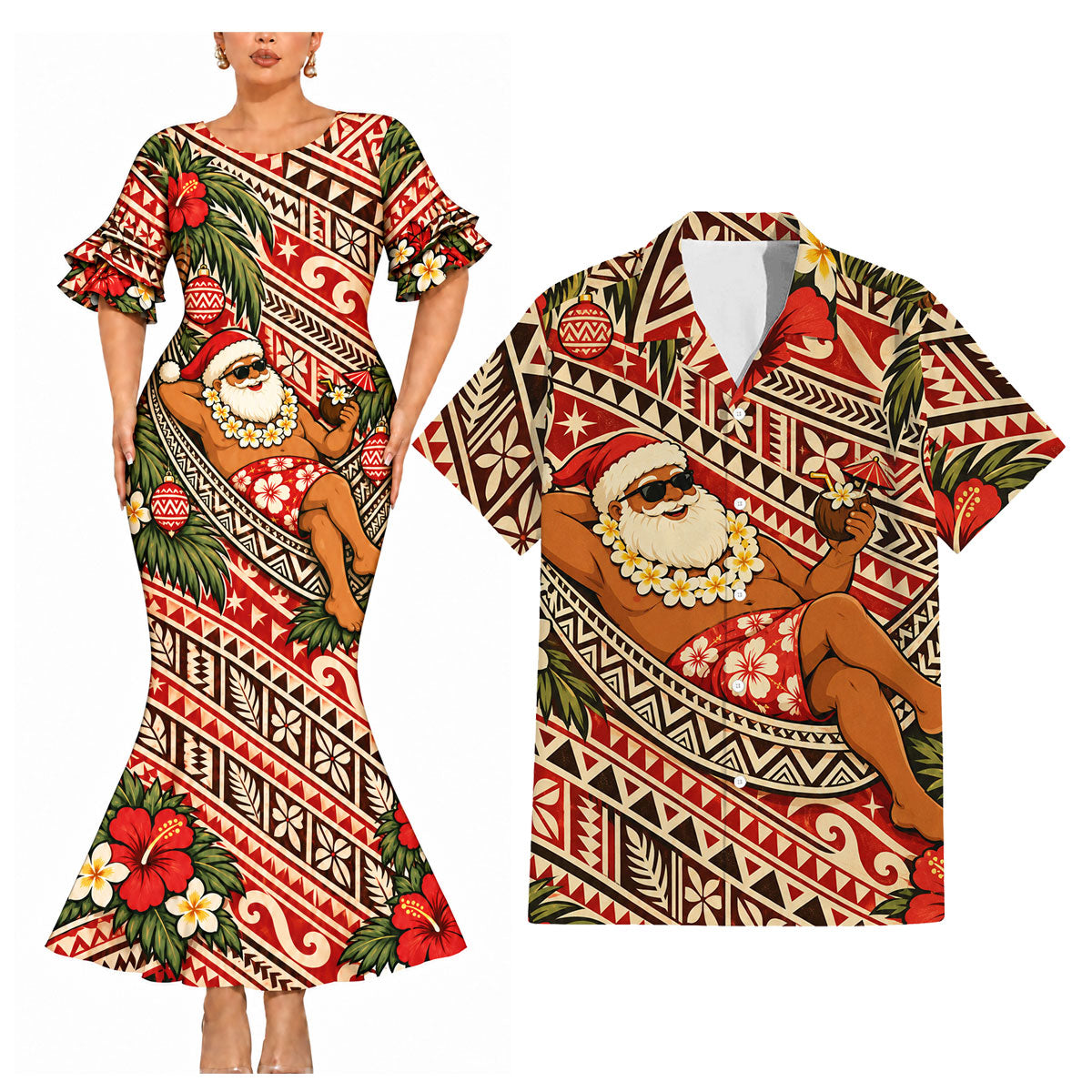 Vintage Funny Santa Couple Set Polynesian Tribal Christmas Matching Outfit Short Sleeve Mermaid Long Dress And Shirt