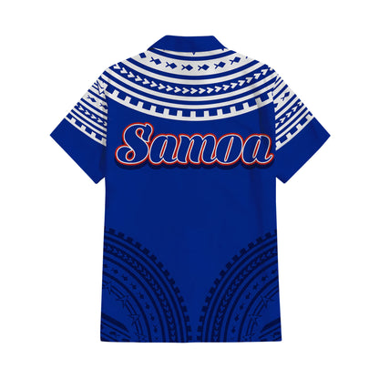 Samoa Couple Outfit Matching Polynesian Tribal Pattern Blue Dress And Hawaiian Shirt