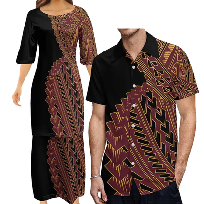 Polynesian Tribe Print Women'S Clothing Asian And Pacific Island Clothing Samoa Puletasi And Hawaiian Shirt Couple Set
