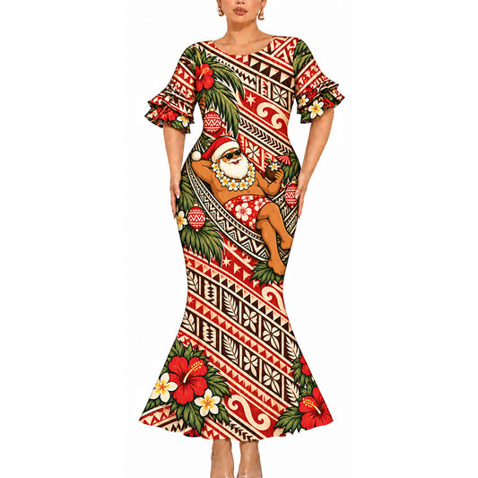 Vintage Funny Santa Couple Set Polynesian Tribal Christmas Matching Outfit Short Sleeve Mermaid Long Dress And Shirt
