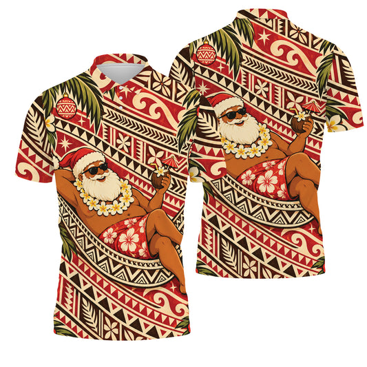 Vintage Funny Santa Shirt Polynesian Tribal Christmas Polo Shirt